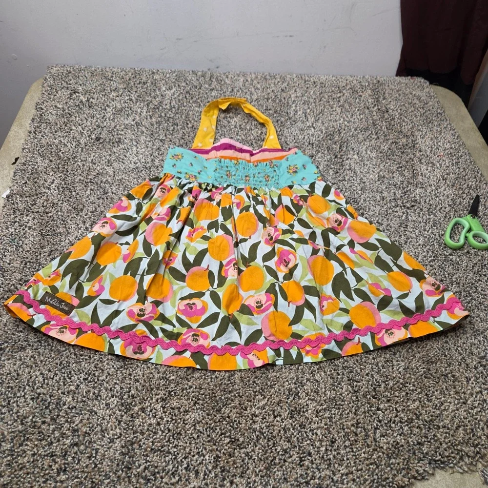 Matilda Jane Girls‎ Peach Floral Halter Dress Orange Teal Ric Rac Size 4